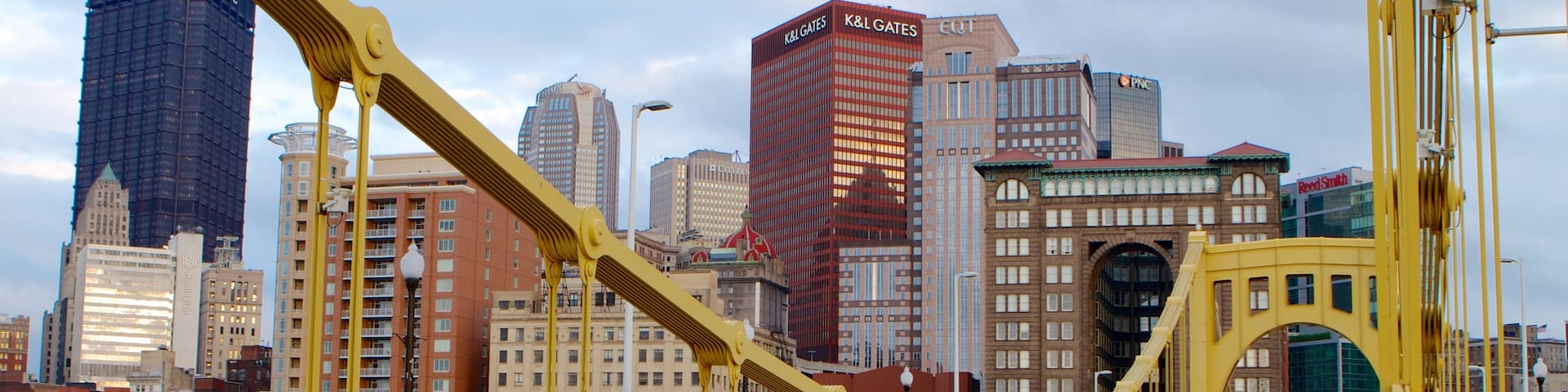 Roberto Clemente Bridge showing a bridge, a city and street scenes