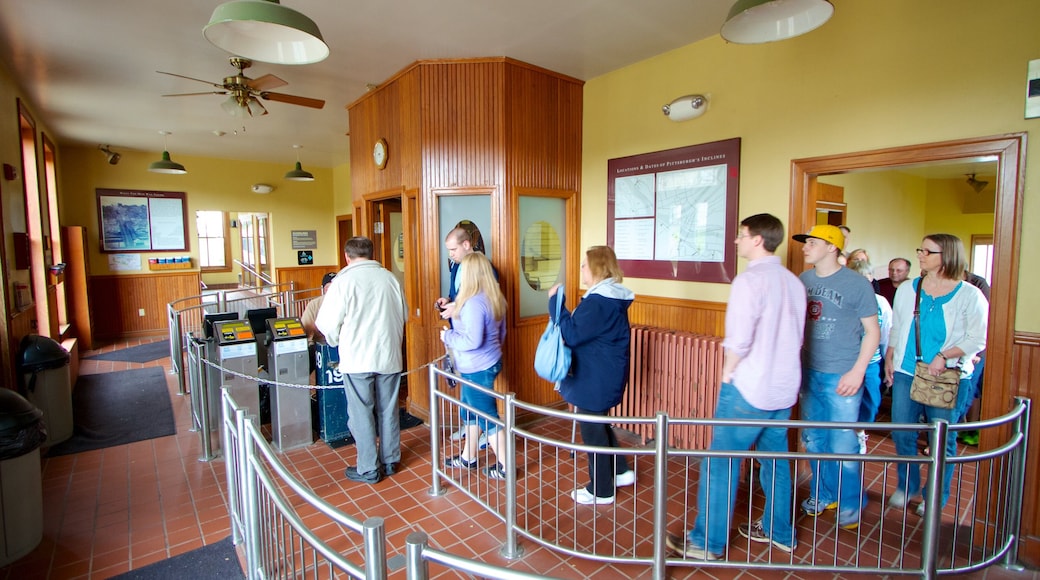 Monongahela Incline showing interior views and a gondola as well as a large group of people