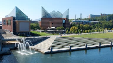 Chattanooga ofreciendo arquitectura moderna, un río o arroyo y una fuente