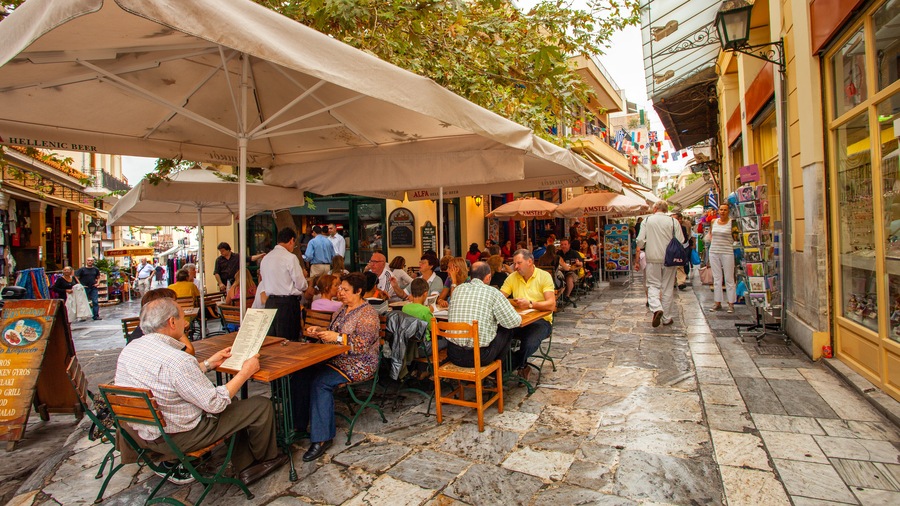 Atenas ofreciendo comidas al aire libre, escenas de café y imágenes de calles