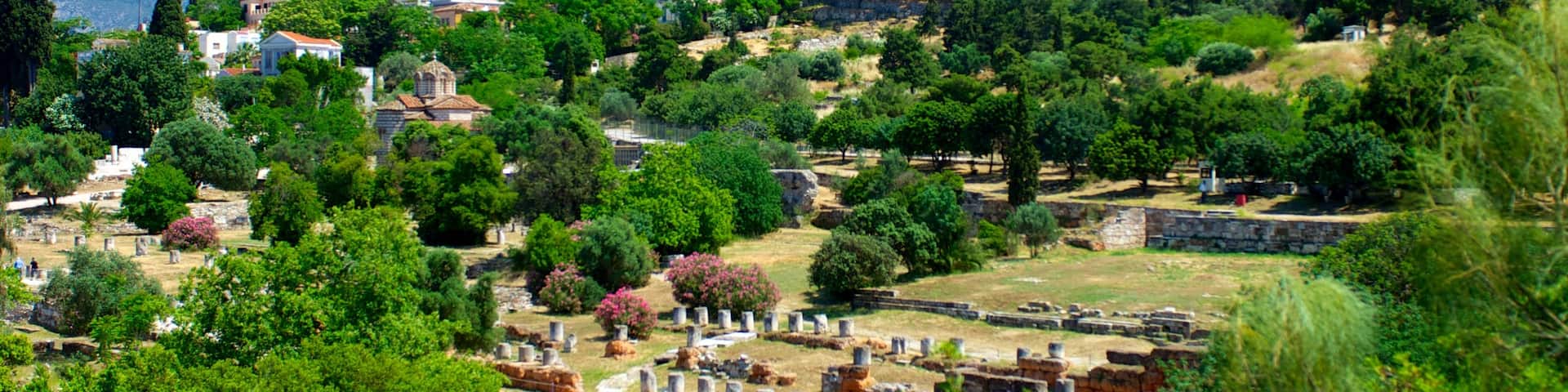 Acropolis which includes landscape views, heritage elements and a small town or village
