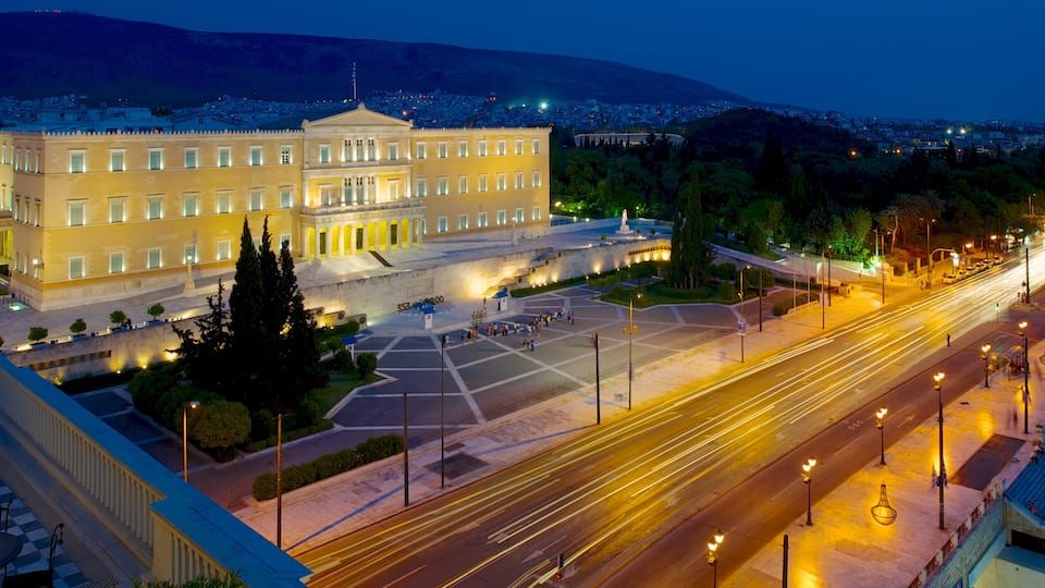 Syntagma Square showing night scenes, a square or plaza and a city