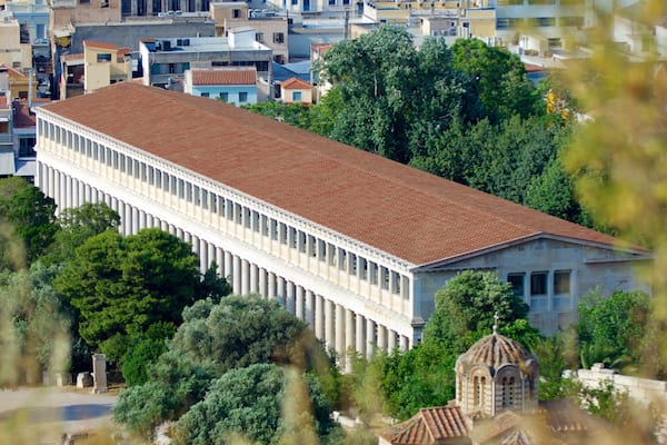 Stoa of Attalos showing a city, heritage architecture and landscape views