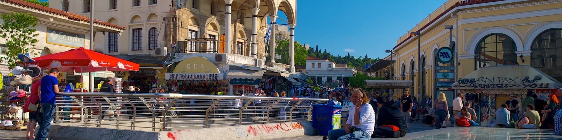 Monastiraki Flea Market which includes a square or plaza, street scenes and a city