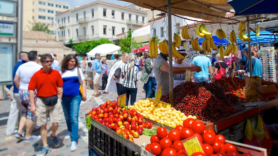 Marché aux puces de Monastiráki mettant en vedette scènes de rue, nourriture et marchés