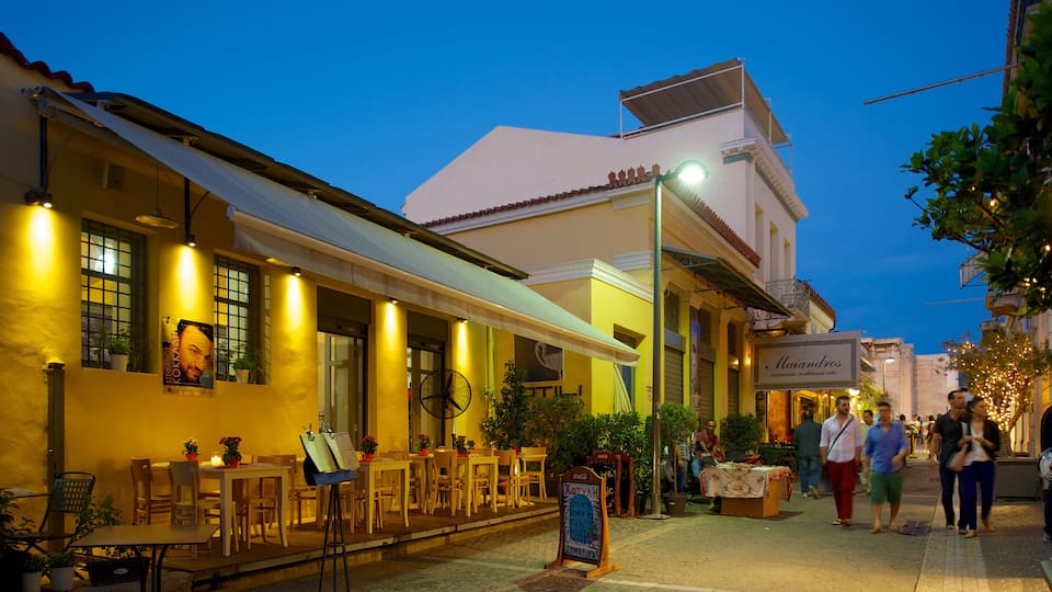Plaka featuring night scenes, dining out and street scenes
