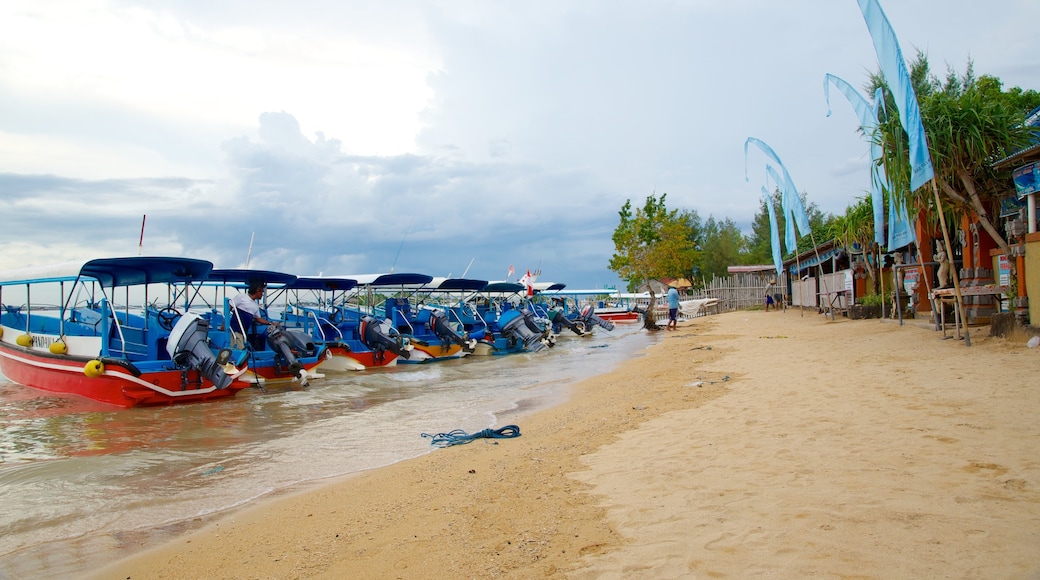 Turtle Island showing a coastal town, boating and a sandy beach