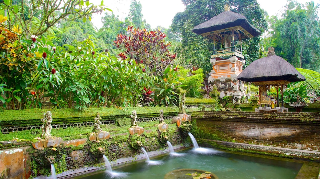 Gunung Kawi Temple showing a pond, a temple or place of worship and a garden