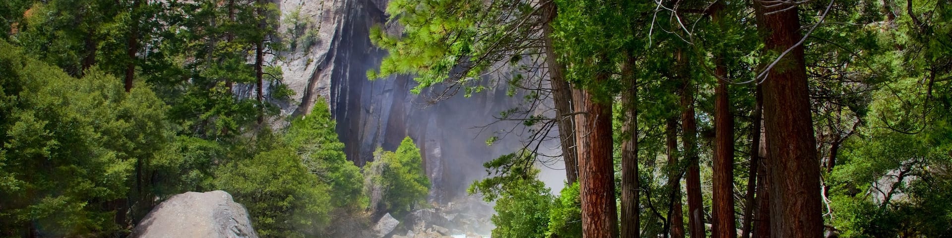 Lower Yosemite Falls which includes a river or creek and forest scenes