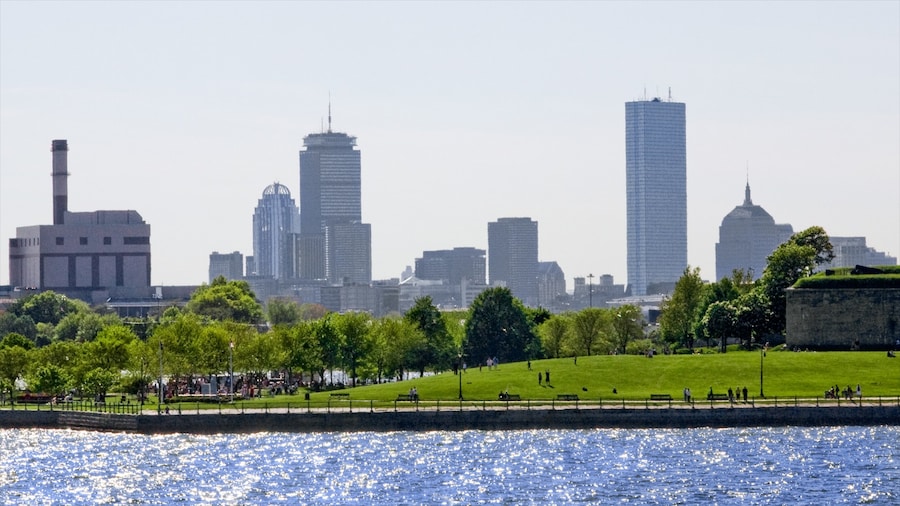Panoramic waterfront view at Castle Island in Boston with open green spaces.
