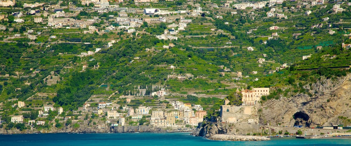 Maiori showing a city, mountains and rugged coastline