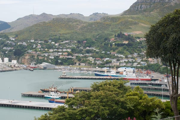 Lyttelton Harbour das einen Bucht oder Hafen, Berge und Marina