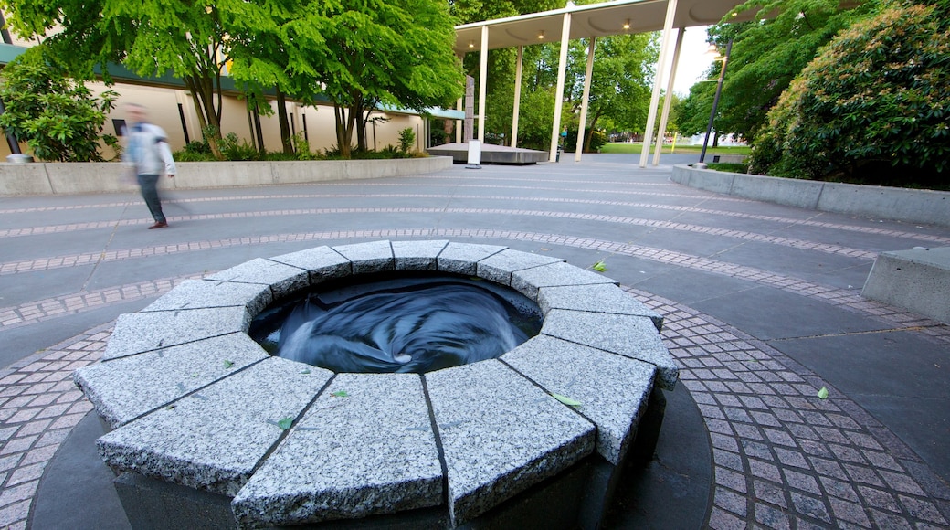 Centro de Seattle mostrando imágenes de calles, una plaza y una fuente