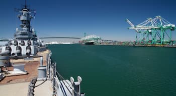 San Pedro showing boating, a bay or harbour and military items