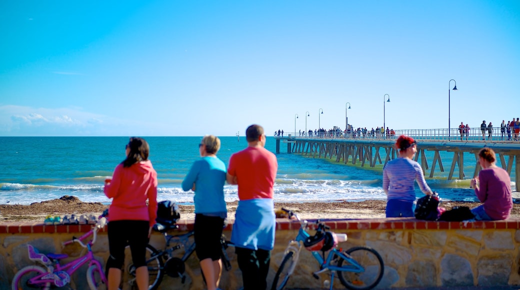 Adelaide welches beinhaltet allgemeine Küstenansicht und Fahrradfahren sowie große Menschengruppe