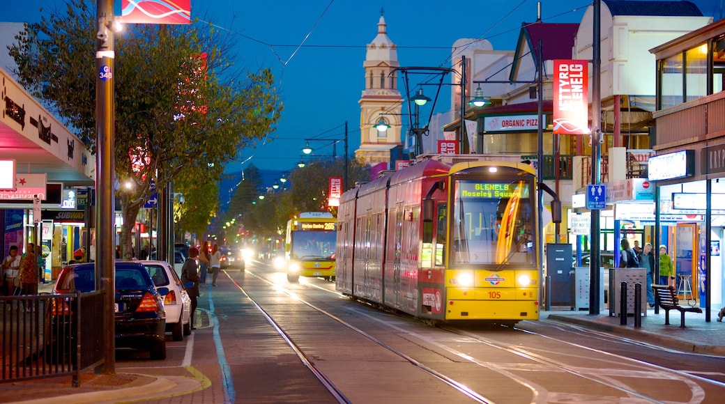 Glenelg Beach featuring night scenes, street scenes and railway items