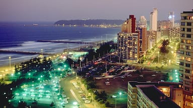 Durban which includes general coastal views, a city and night scenes