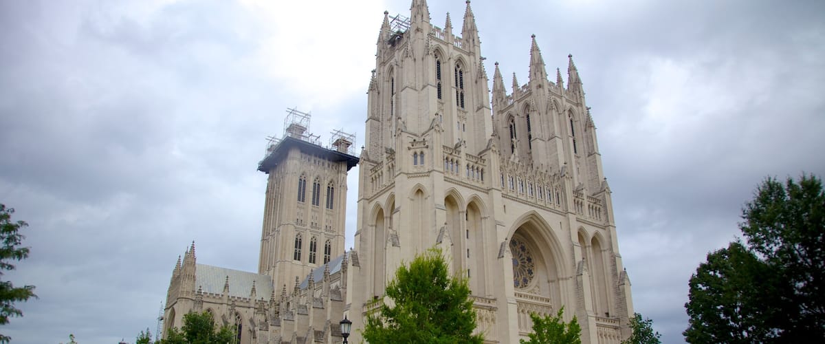 Washington National Cathedral showing a church or cathedral, heritage architecture and a city