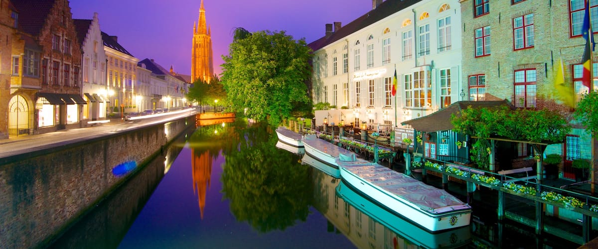 Bruges featuring a church or cathedral, night scenes and a city