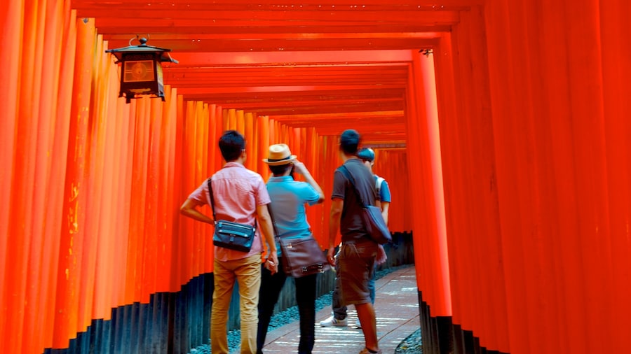 Fushimi Inari Shrine som visar interiörer och ett tempel eller plats för dyrkan såväl som en liten grupp av människor