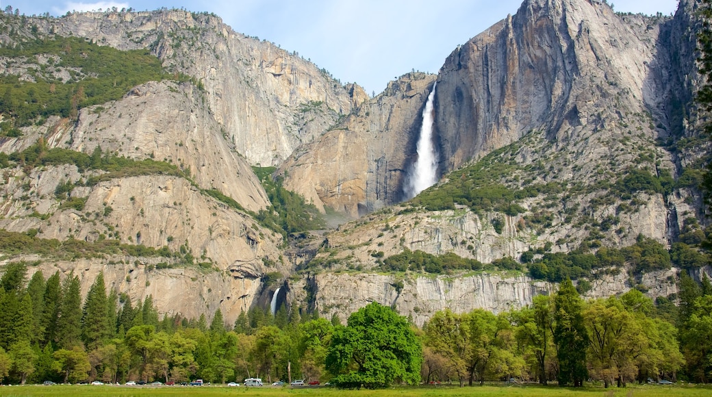 Lower Yosemite Falls which includes a waterfall and mountains