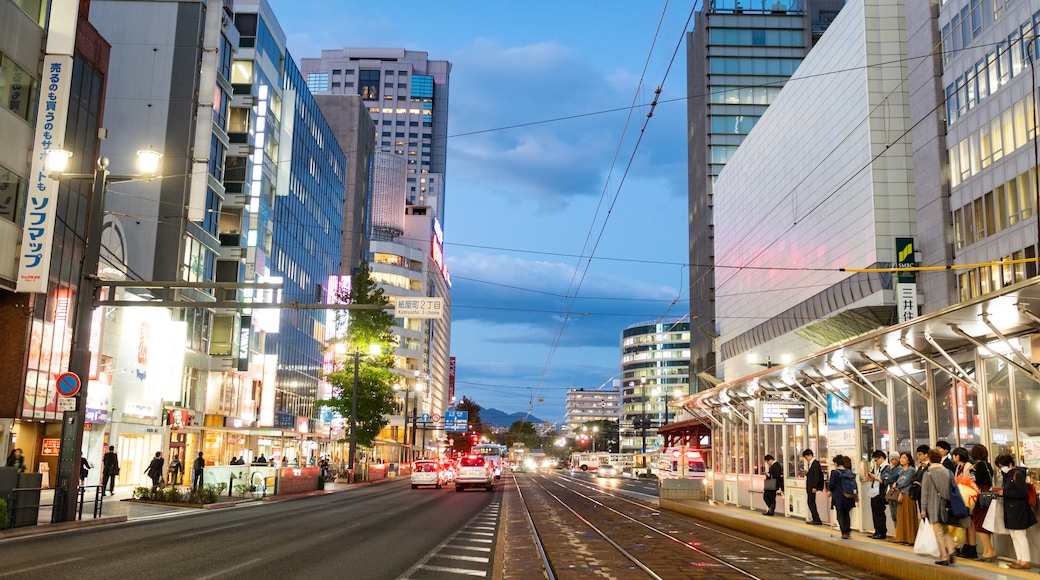 Hiroshima City Centre showing a city, street scenes and night scenes