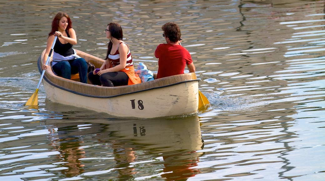 Stadtwäldchen das einen See oder Wasserstelle und Kajak- oder Kanufahren sowie kleine Menschengruppe