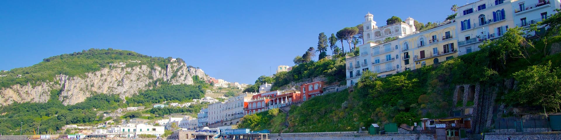 Capri Island showing a sandy beach and a coastal town