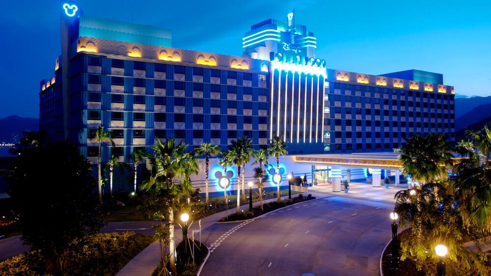 Hong Kong Disneyland featuring a luxury hotel or resort, night scenes and a hotel