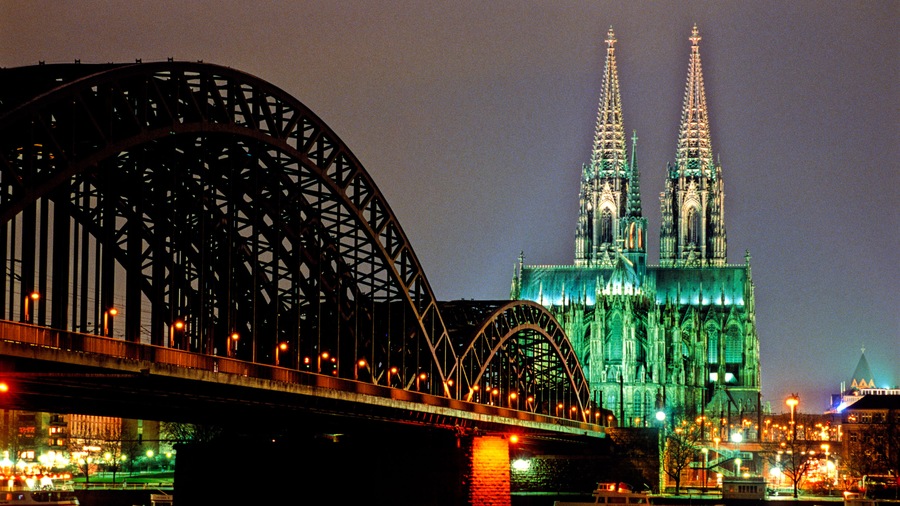 Ruhr showing night scenes, a city and a bridge