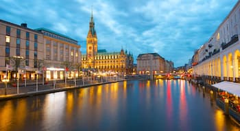 Hamburg City Center which includes a city, heritage architecture and night scenes