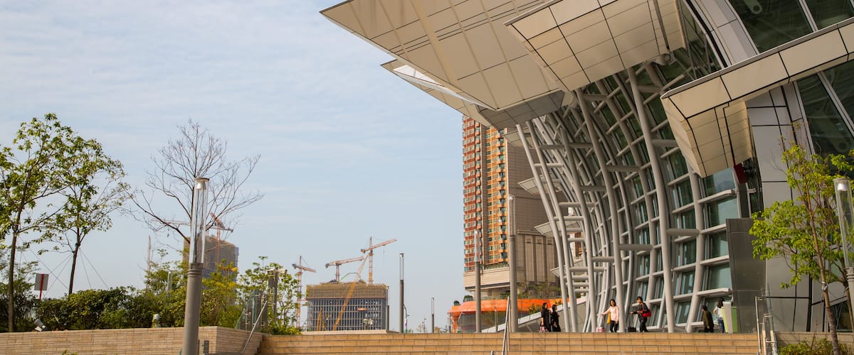 West Kowloon which includes modern architecture and a city