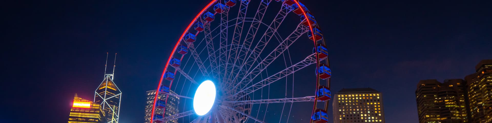 The Hong Kong Observation Wheel which includes night scenes, street scenes and a city