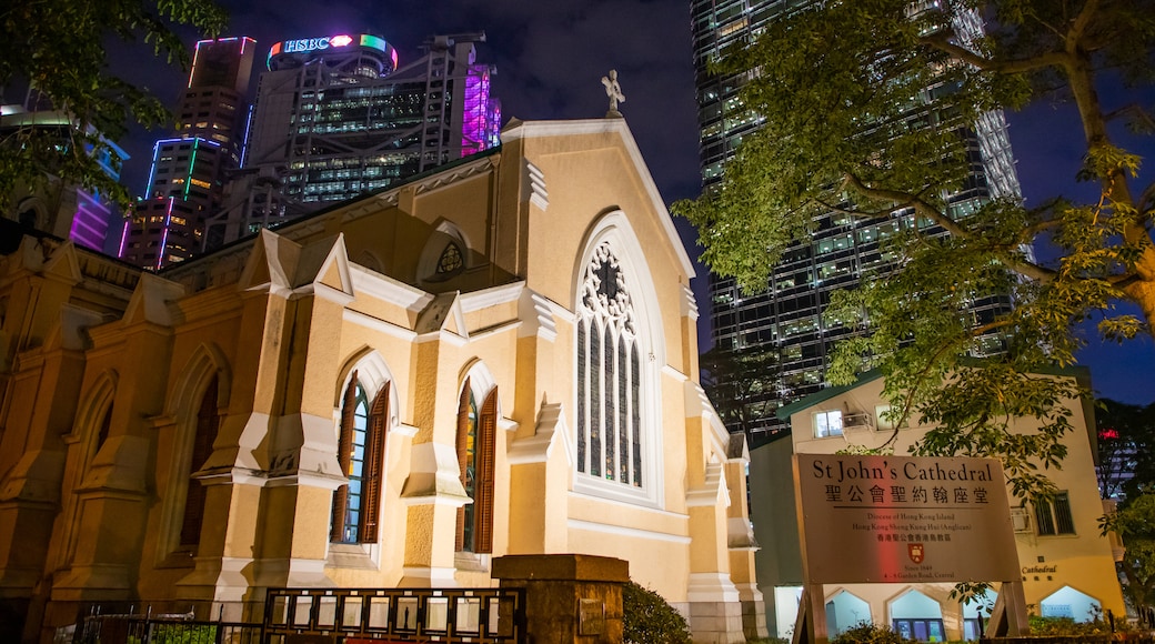 Hong Kong St. John\'s Cathedral featuring heritage architecture, night scenes and a city