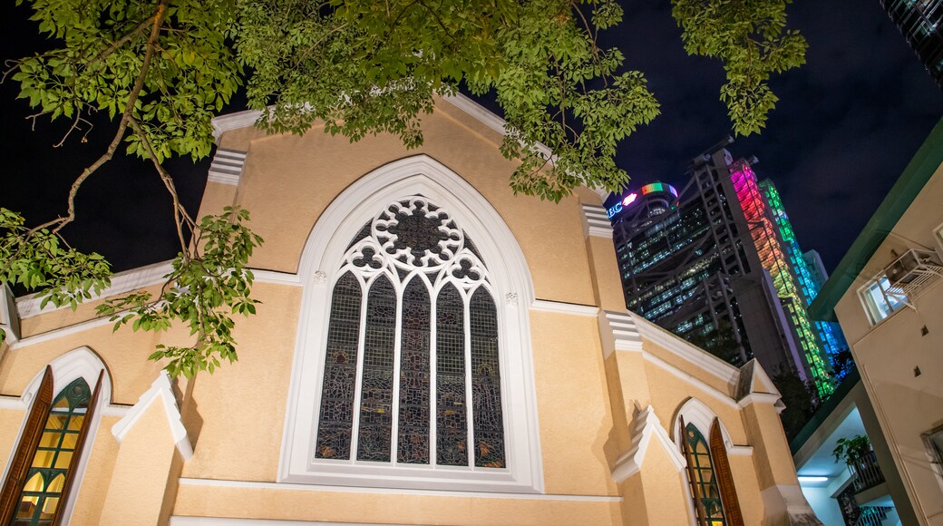 Hong Kong St. John\'s Cathedral which includes a church or cathedral, heritage elements and night scenes