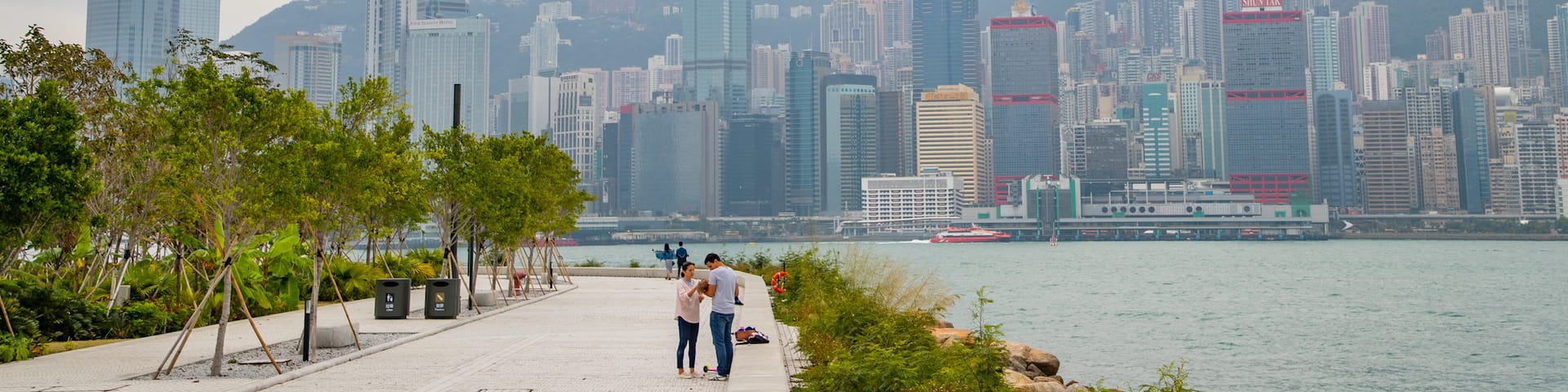 Kowloon West Promenade featuring a city and a bay or harbor as well as a couple