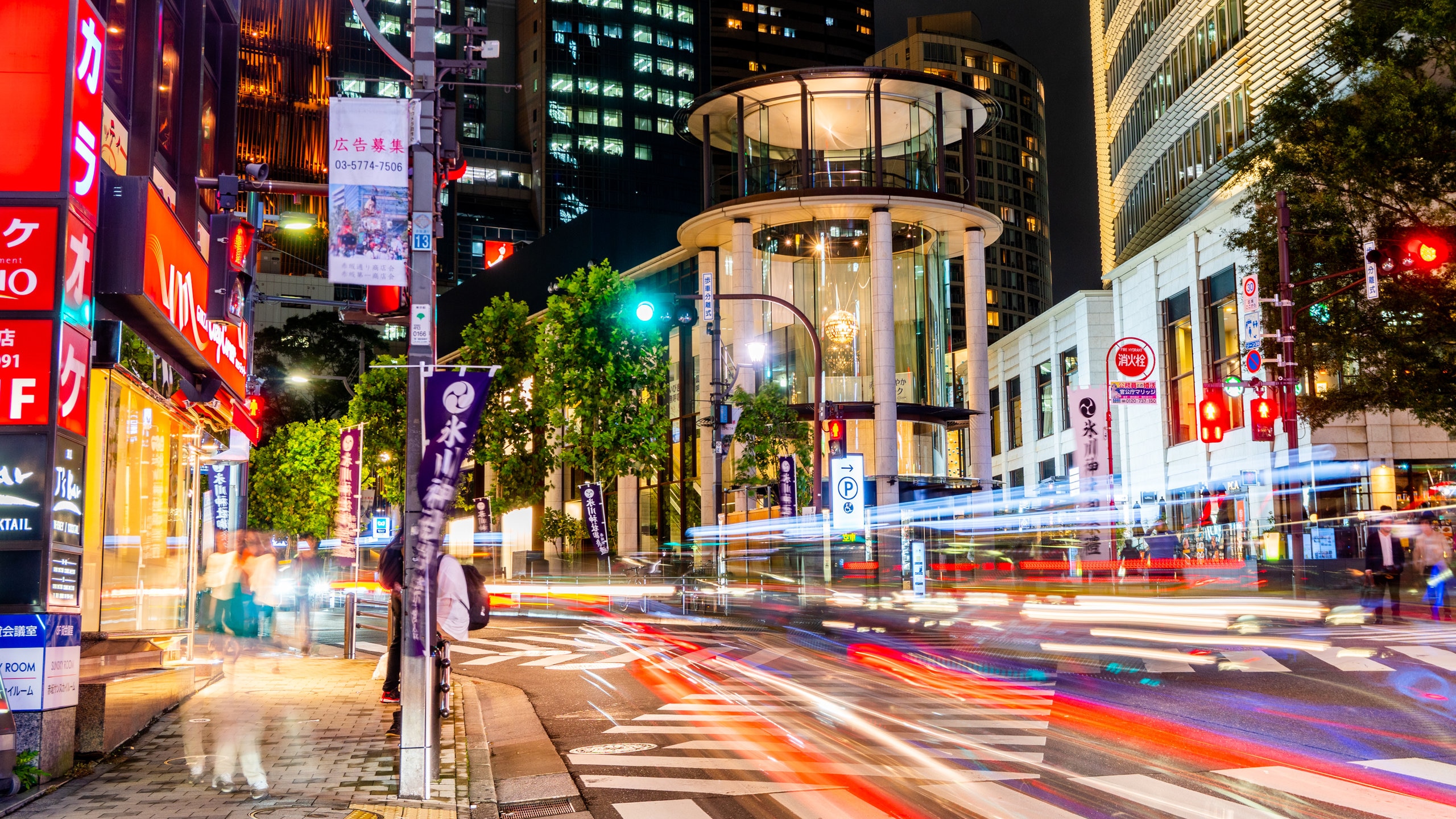 Akasaka which includes street scenes, night scenes and a city