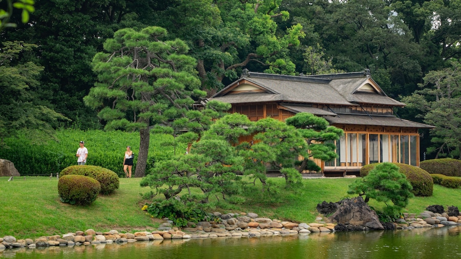 Hamarikyu Gardens with traditional teahouse and lush greenery in Tokyo.