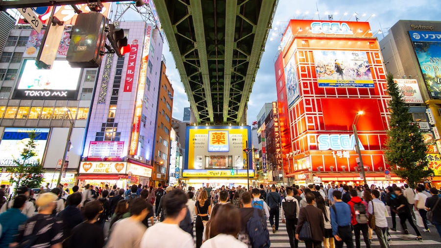 Akihabara's vibrant streets with colorful buildings and bustling crowds in Tokyo.