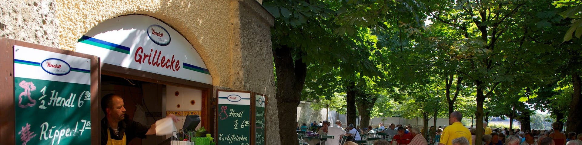 Augustiner Brewery which includes shopping and café lifestyle as well as a large group of people
