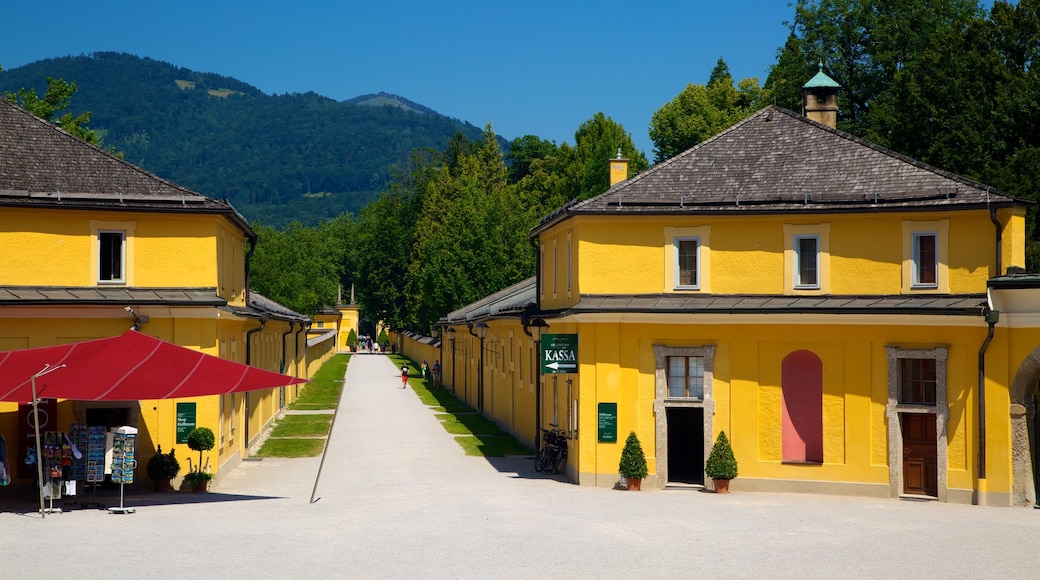 Schloss Hellbrunn som visar en liten stad eller by, chateau eller palats och gatuliv