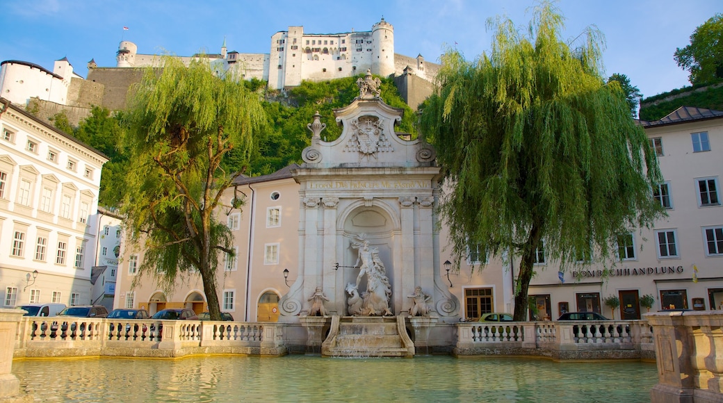 Salzburg which includes a city, a fountain and a pond