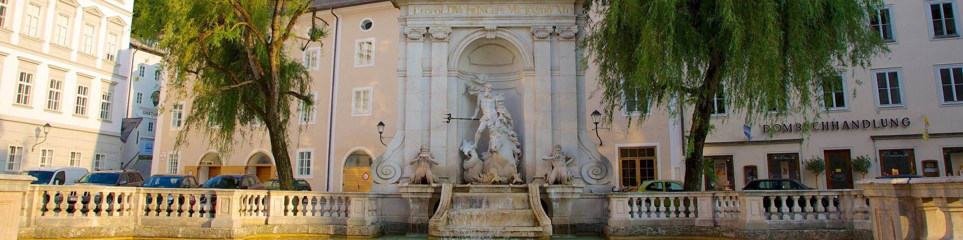 Salzburg which includes a city, a fountain and a pond