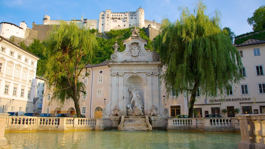Salzburgo mostrando un estanque, una fuente y una ciudad