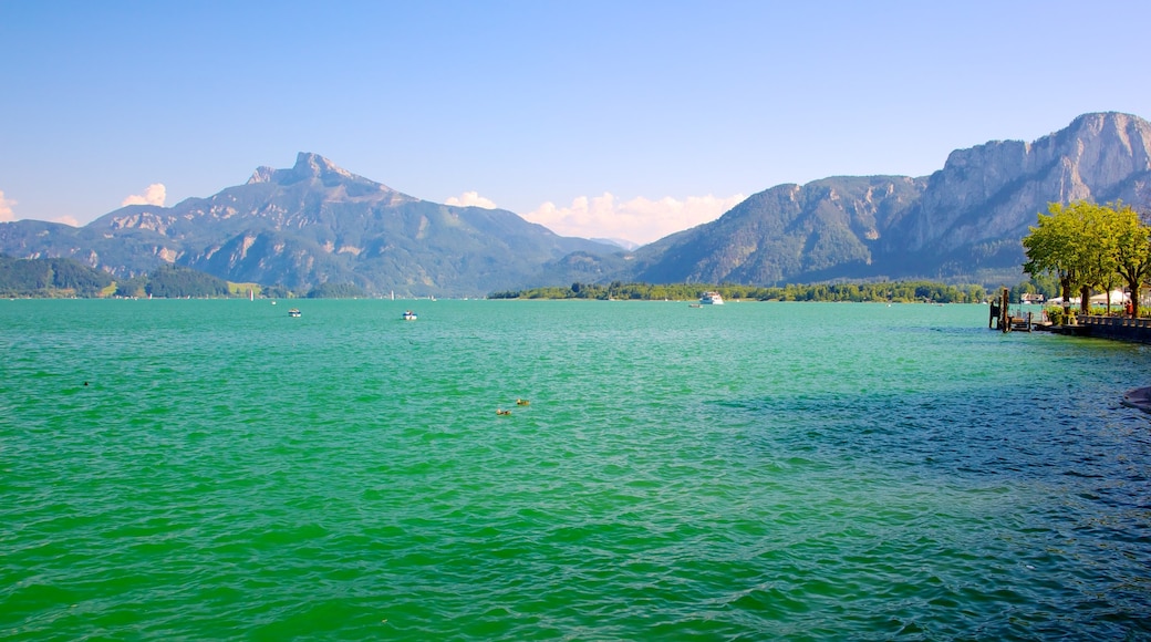 Mondsee featuring a lake or waterhole, landscape views and mountains