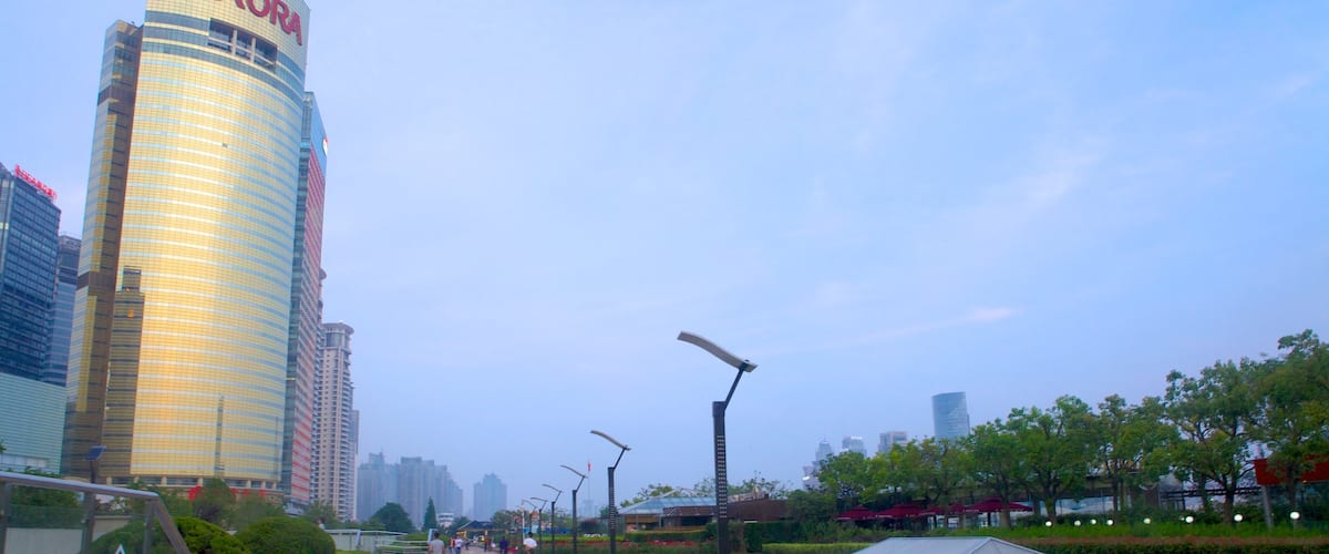 Pudong Riverside Promenade and Park featuring a city, a garden and modern architecture