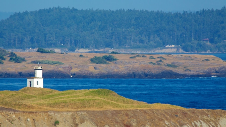 San Juan Island som viser udsigt over landskaber, et fyrtårn og billeder af øer