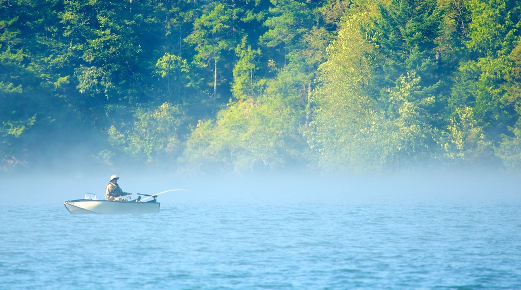 Washington featuring fishing, mist or fog and a lake or waterhole