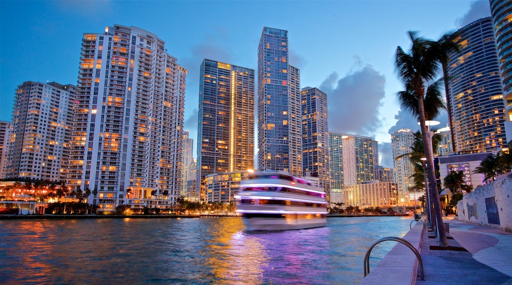 Miami showing a city, a bay or harbor and night scenes