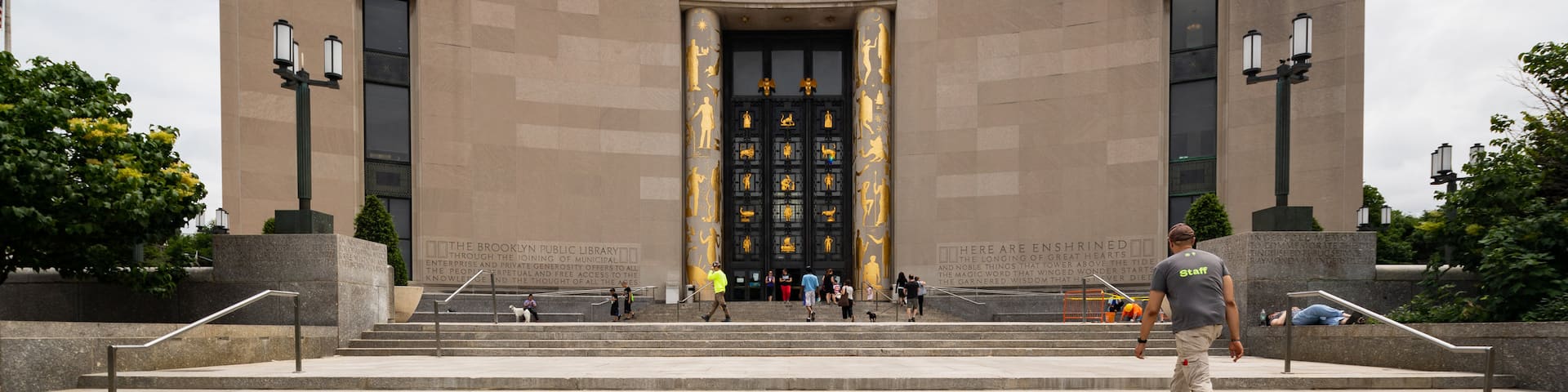 Brooklyn Public Library featuring street scenes, signage and an administrative buidling